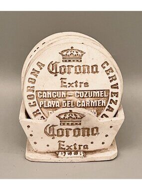 Corona Extra Beer Stoneware Coasters w/ Holder Rustic Barware Ceramic Mexico